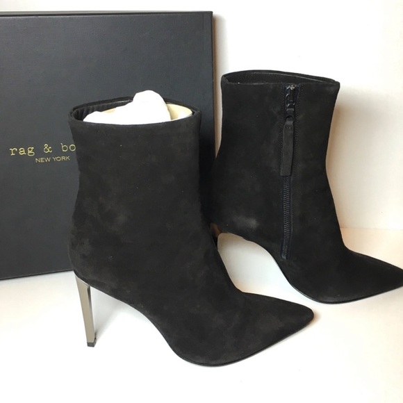 Wes Black Suede Pointed Stiletto Metal Heel Boot - Picture 1 of 4